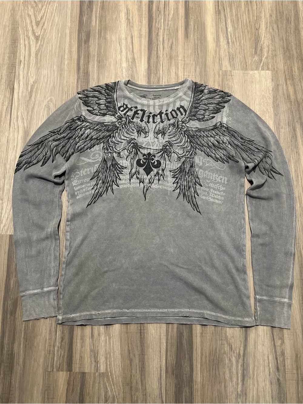 Affliction Y2K Grey Thermal Long Sleeve Winged Graphic Shirt Large